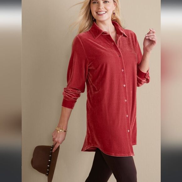 SOFT SURROUNDINGS Velvet Boyfriend Tunic Shirt In‎ Garnet Womens Size Medium - Picture 1 of 8